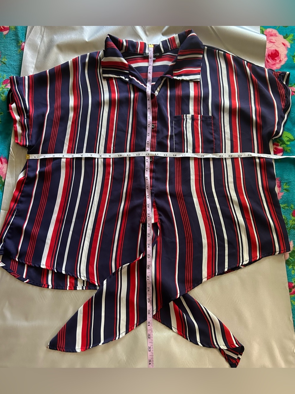 Women’s Navy Red Striped Button Down with Tie-Front Blouse